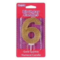 Culpitt Cijferkaars #6 Goud met Glitter* Kaarsjes En Vuurwerk