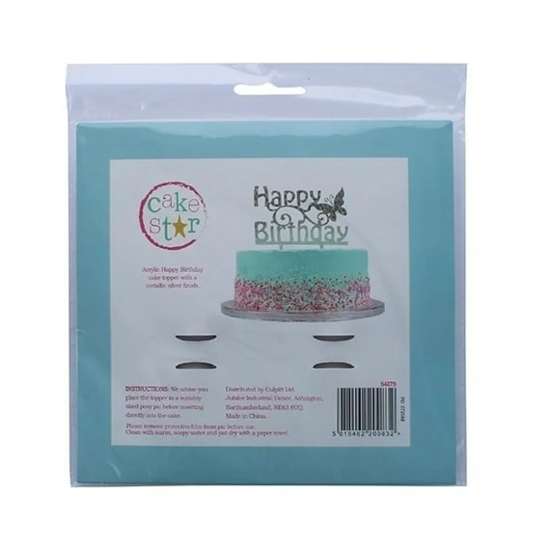 Culpitt Taarttopper Acryl Happy Birthday Zilver 150x85mm* Prikkers En Ringen