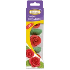 Günthart Marsepein Rozen Rood met Bladeren 3st.* Bloem Decoraties
